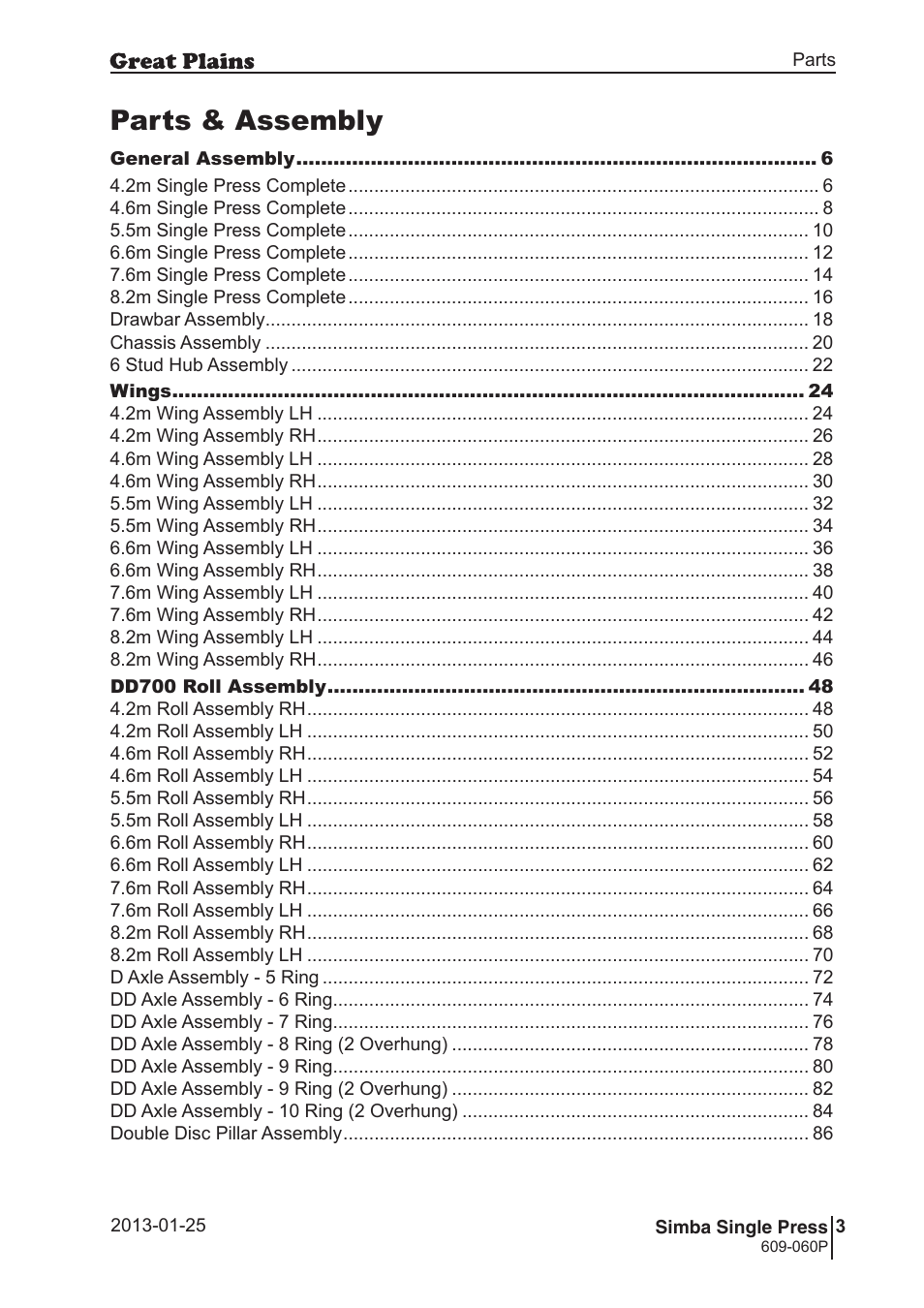 Parts & assembly | Great Plains Simba Single Press Parts Manual User Manual | Page 3 / 122