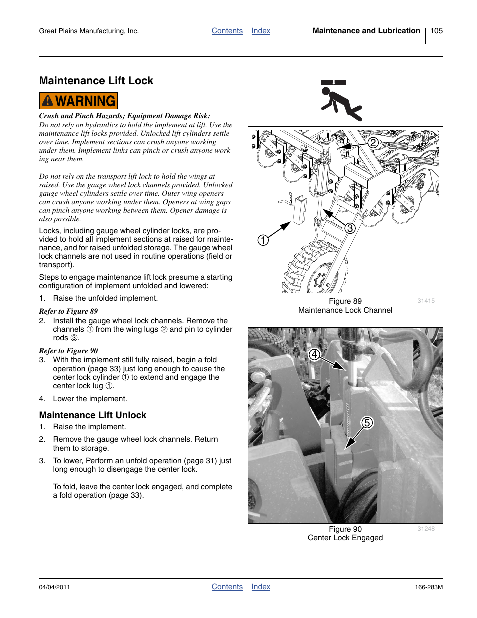 Maintenance lift lock, Maintenance lift unlock | Great Plains NTA2007HD Operator Manual User Manual | Page 109 / 178