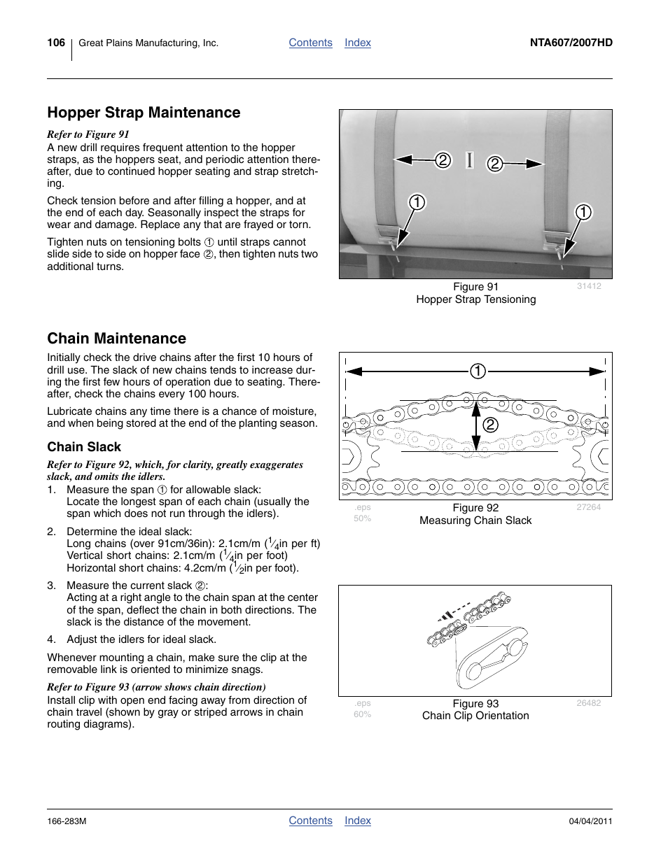 Hopper strap maintenance, Chain maintenance, Maintenance | Chain slack | Great Plains NTA2007HD Operator Manual User Manual | Page 110 / 178