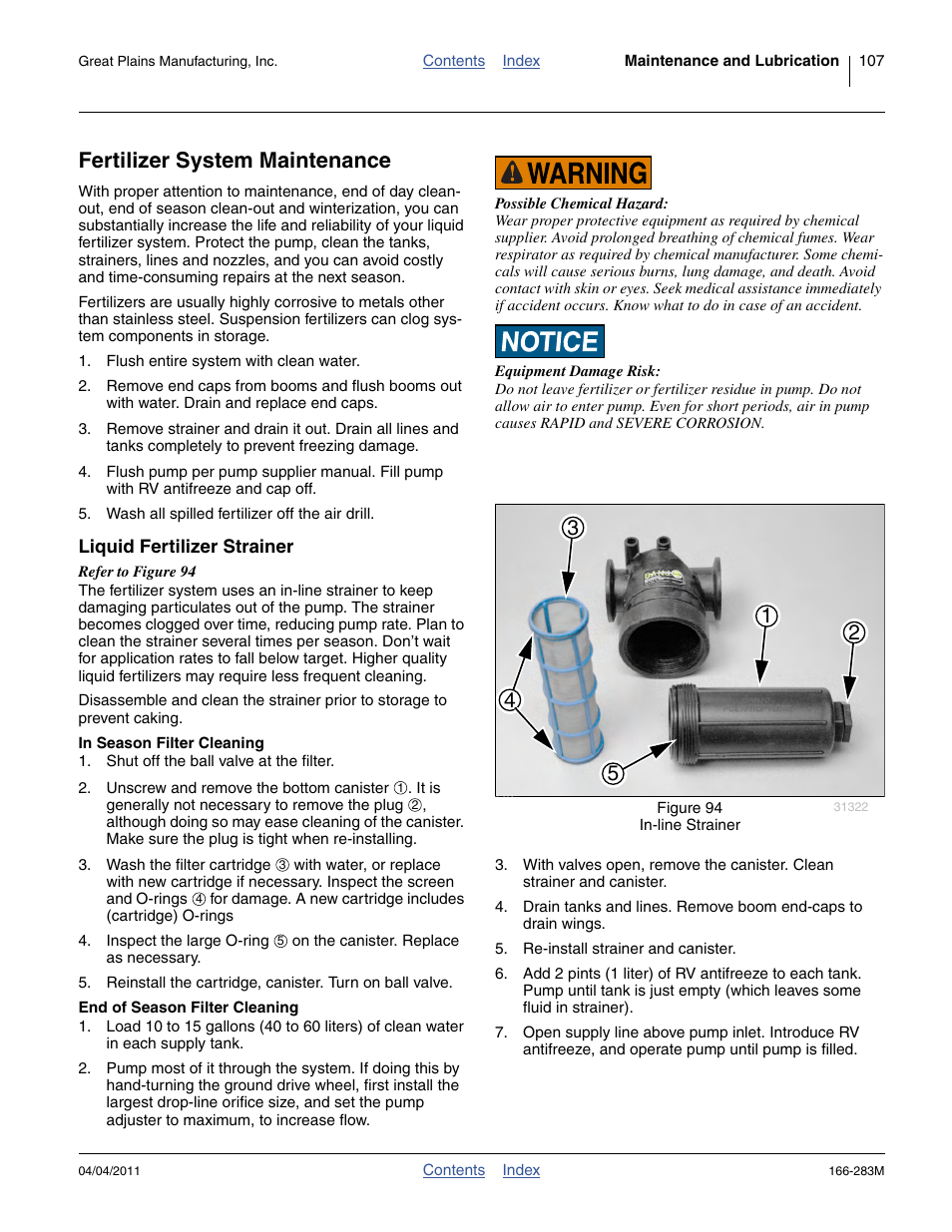 Fertilizer system maintenance, Liquid fertilizer strainer, In season filter cleaning | End of season filter cleaning | Great Plains NTA2007HD Operator Manual User Manual | Page 111 / 178
