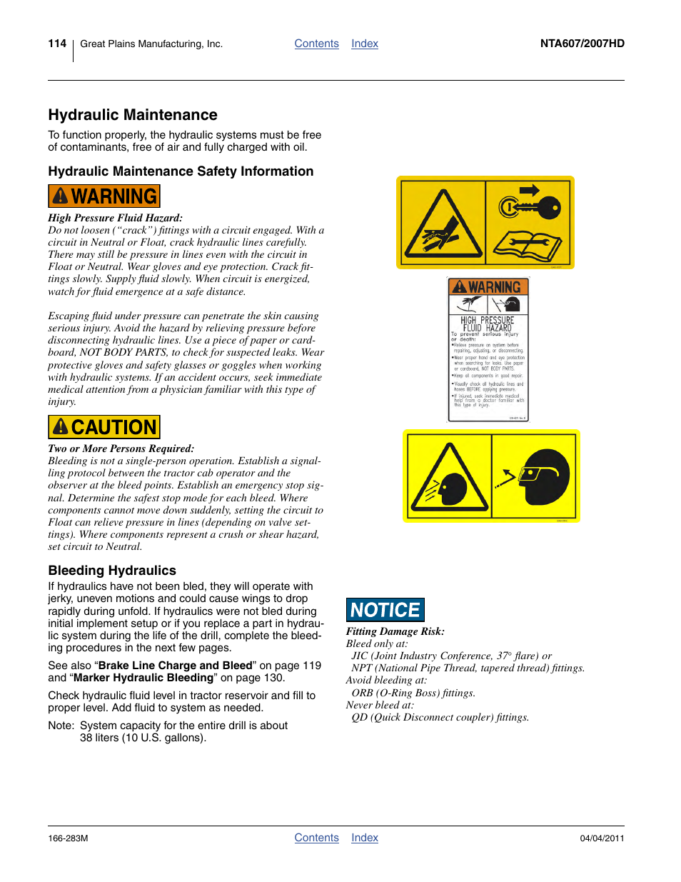 Hydraulic maintenance, Hydraulic maintenance safety information, Bleeding hydraulics | Great Plains NTA2007HD Operator Manual User Manual | Page 118 / 178