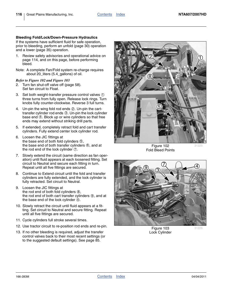 Bleeding fold/lock/down-pressure hydraulics | Great Plains NTA2007HD Operator Manual User Manual | Page 120 / 178