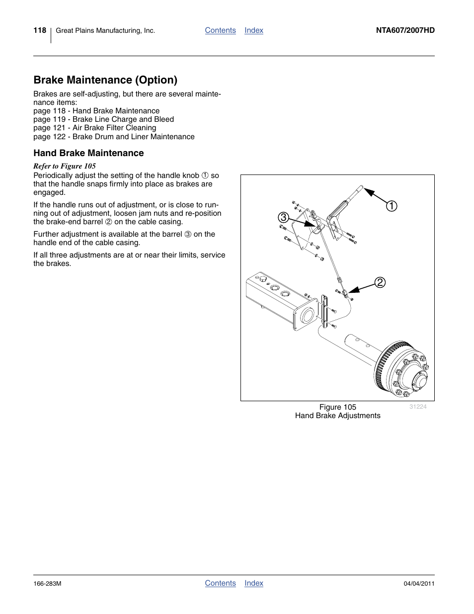 Brake maintenance (option), Hand brake maintenance | Great Plains NTA2007HD Operator Manual User Manual | Page 122 / 178