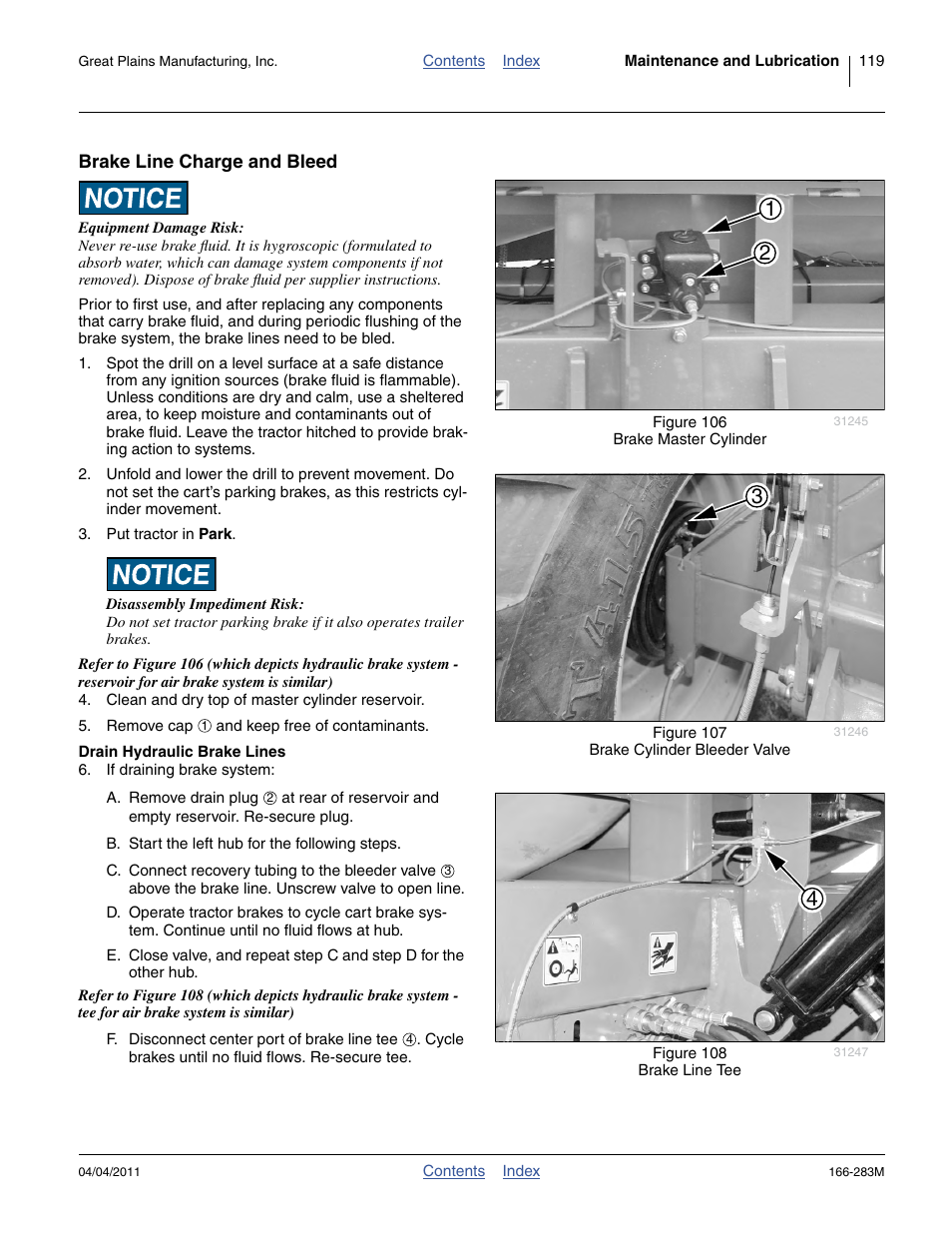 Brake line charge and bleed, Drain hydraulic brake lines | Great Plains NTA2007HD Operator Manual User Manual | Page 123 / 178
