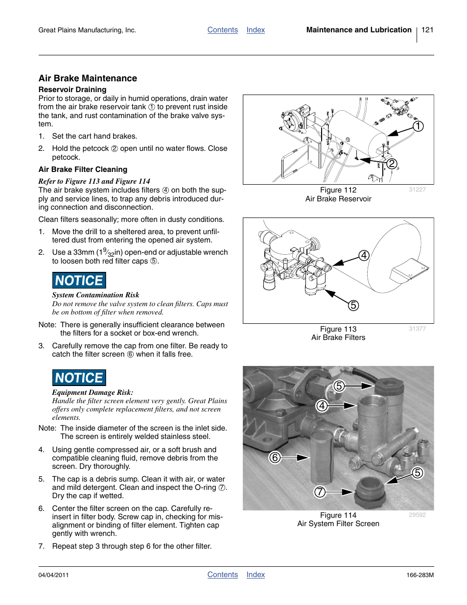 Air brake maintenance, Reservoir draining, Air brake filter cleaning | Reservoir draining air brake filter cleaning | Great Plains NTA2007HD Operator Manual User Manual | Page 125 / 178