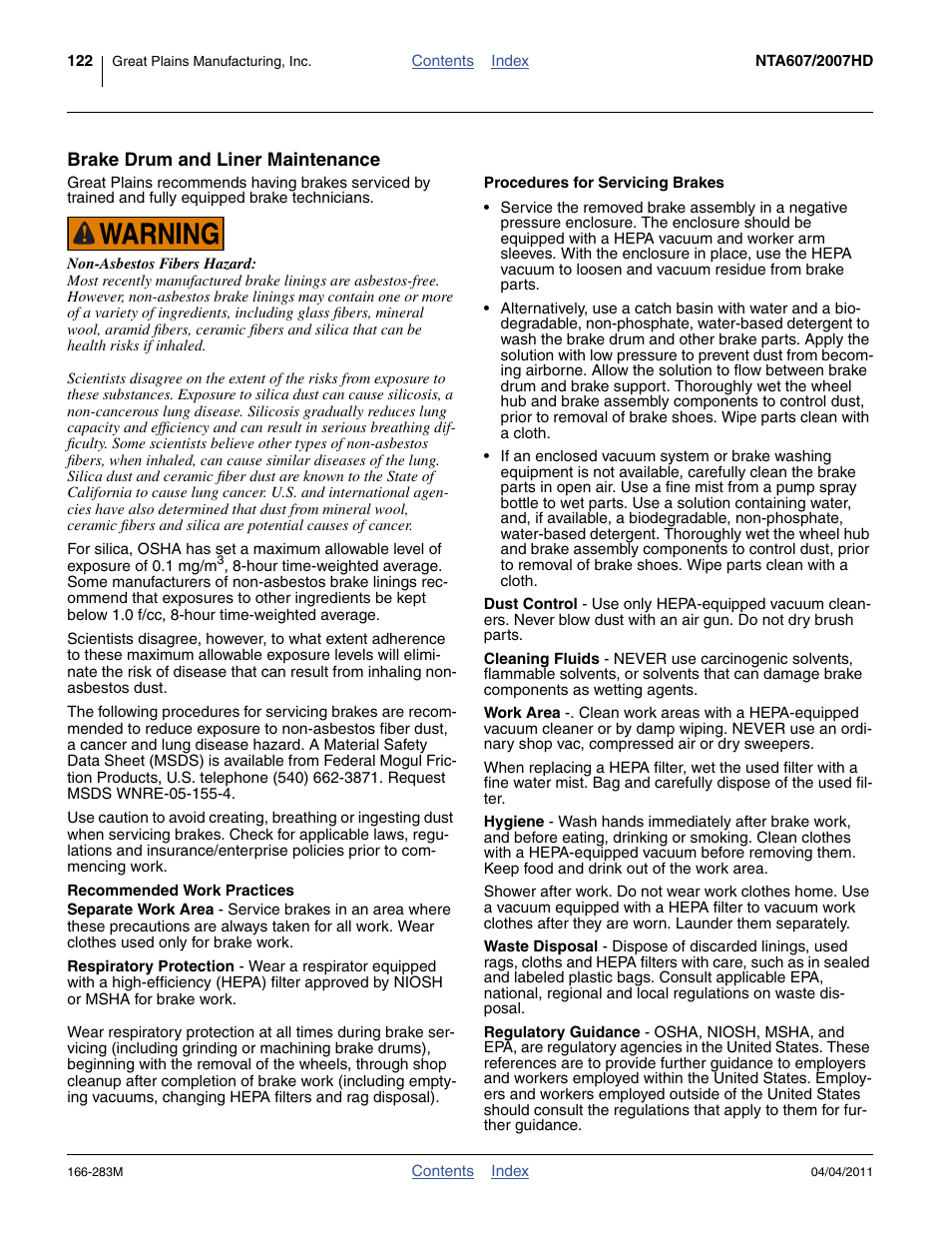 Brake drum and liner maintenance, Recommended work practices | Great Plains NTA2007HD Operator Manual User Manual | Page 126 / 178