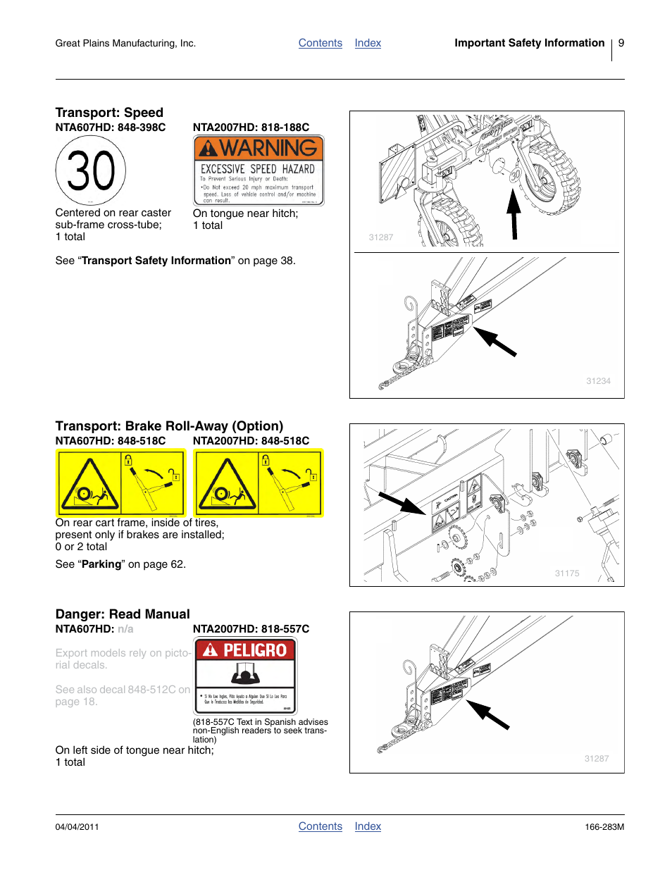 Transport: speed, Nta607hd: 848-398c, Nta2007hd: 818-188c | Transport: brake roll-away (option), Nta607hd: 848-518c, Nta2007hd: 848-518c, Danger: read manual, Nta2007hd: 818-557c | Great Plains NTA2007HD Operator Manual User Manual | Page 13 / 178