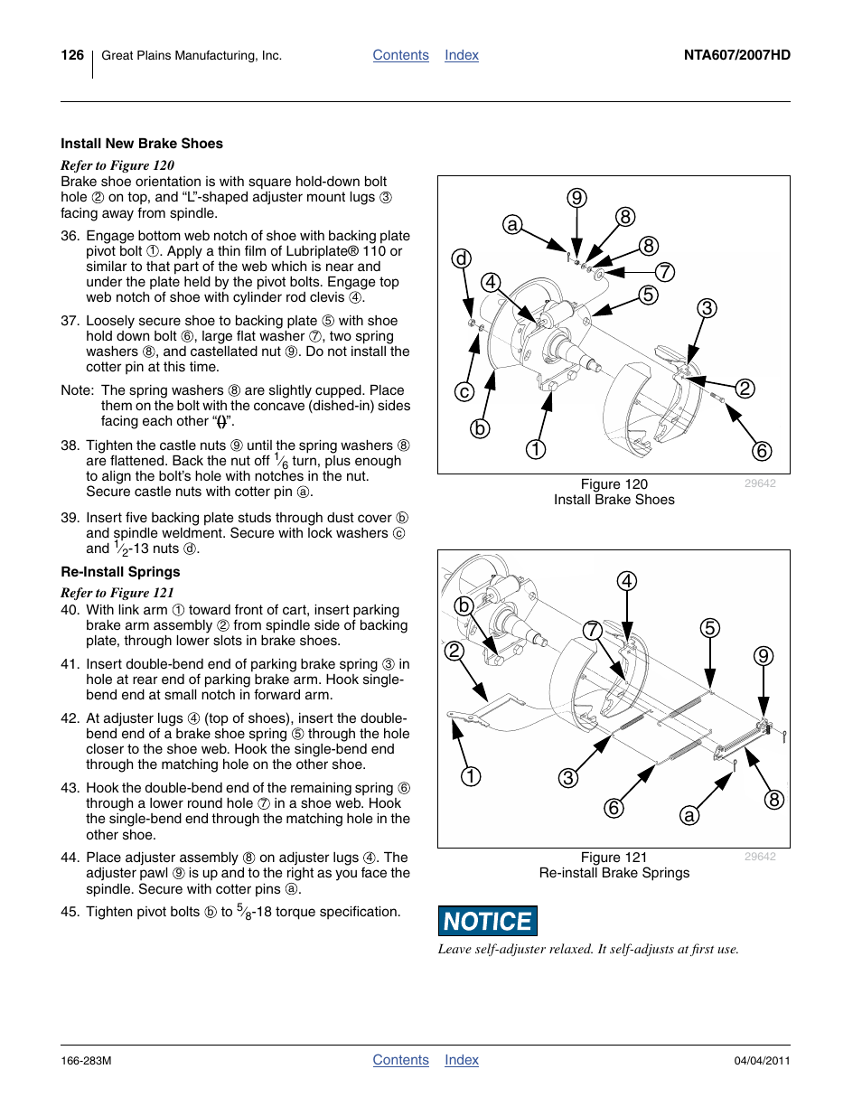 Install new brake shoes, Re-install springs | Great Plains NTA2007HD Operator Manual User Manual | Page 130 / 178