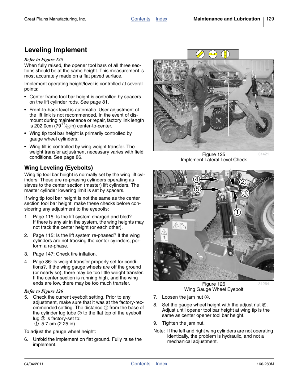 Leveling implement, Wing leveling (eyebolts) | Great Plains NTA2007HD Operator Manual User Manual | Page 133 / 178