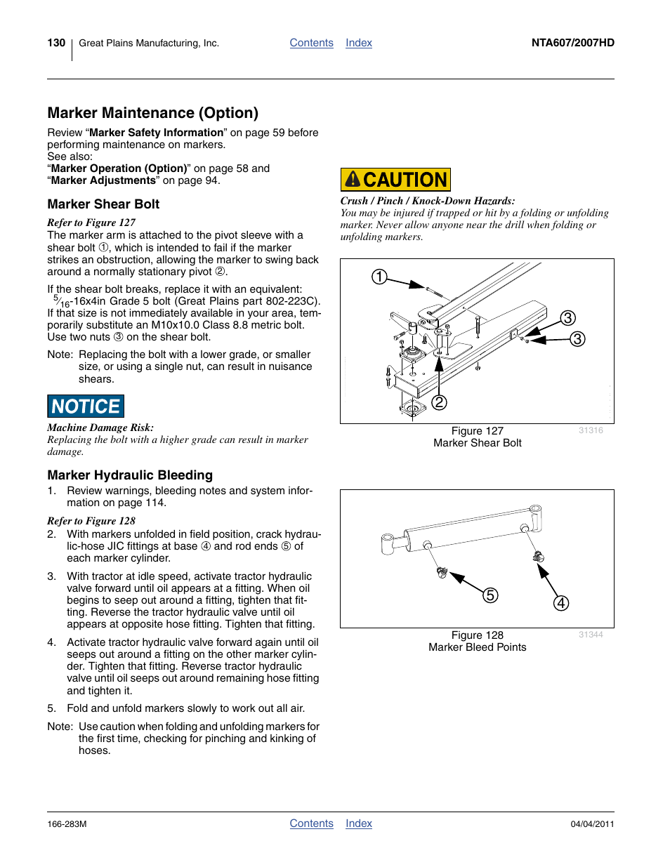 Marker maintenance (option), Marker shear bolt, Marker hydraulic bleeding | Marker shear bolt marker hydraulic bleeding | Great Plains NTA2007HD Operator Manual User Manual | Page 134 / 178