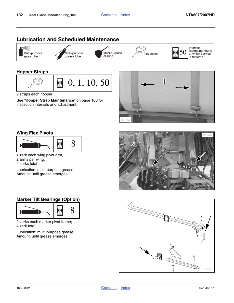 Lubrication and scheduled maintenance, Hopper straps, Wing flex pivots | Marker tilt bearings (option), Icate as indicated at “ lubrication and sched | Great Plains NTA2007HD Operator Manual User Manual | Page 136 / 178