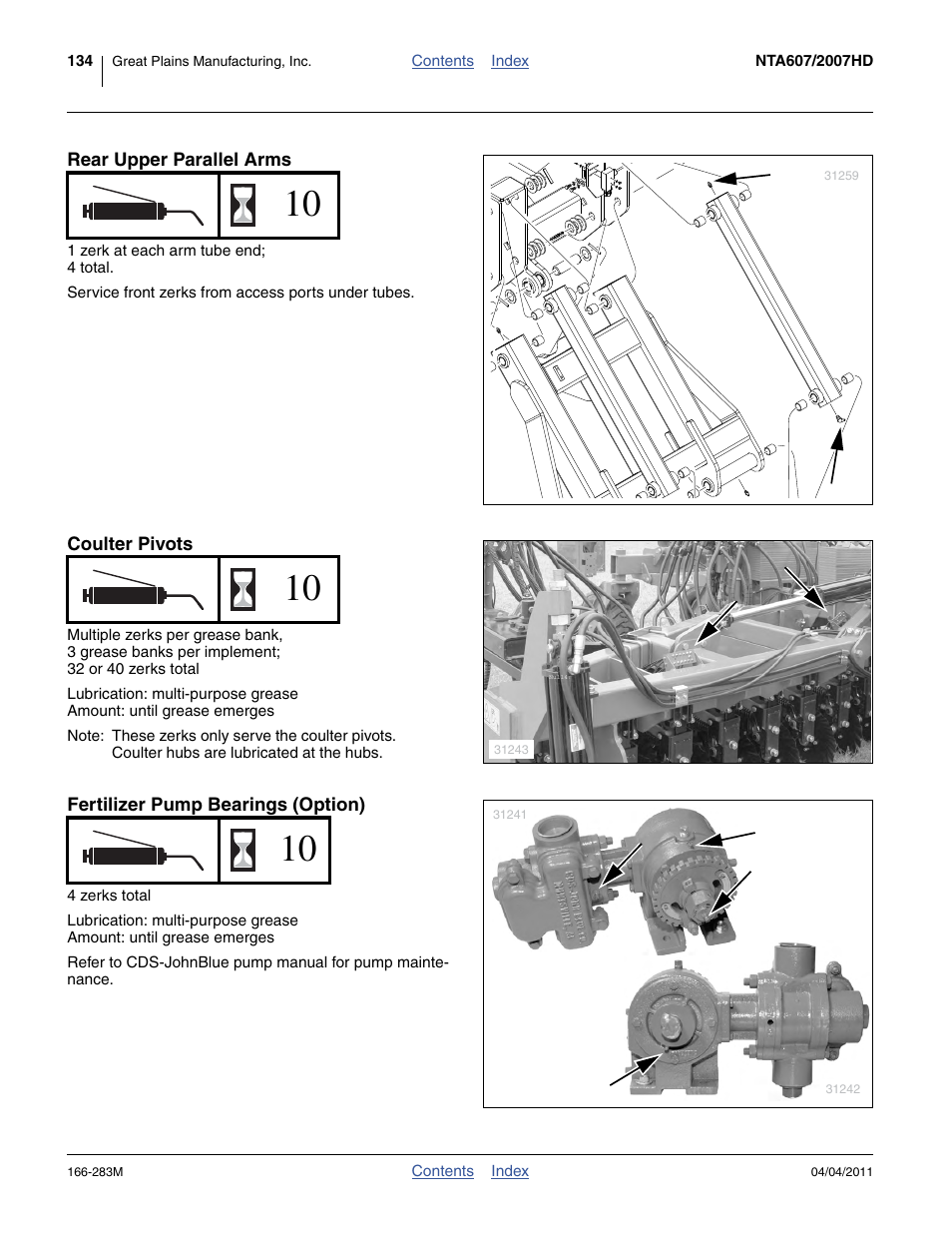 Rear upper parallel arms, Coulter pivots, Fertilizer pump bearings (option) | Great Plains NTA2007HD Operator Manual User Manual | Page 138 / 178