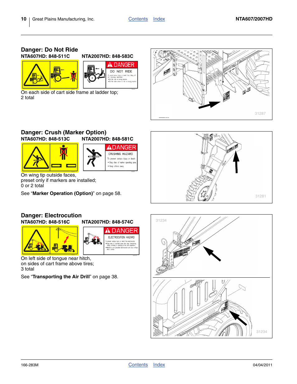 Danger: do not ride, Nta607hd: 848-511c, Nta2007hd: 848-583c | Danger: crush (marker option), Nta607hd: 848-513c, Nta2007hd: 848-581c, Danger: electrocution, Nta607hd: 848-516c, Nta2007hd: 848-574c | Great Plains NTA2007HD Operator Manual User Manual | Page 14 / 178