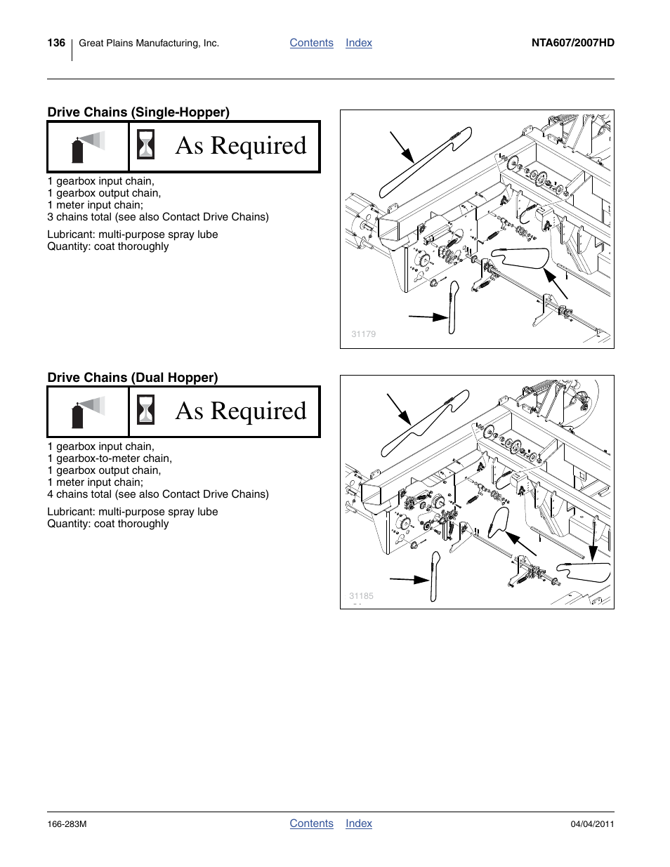 Drive chains (single-hopper), Drive chains (dual hopper), As required | Great Plains NTA2007HD Operator Manual User Manual | Page 140 / 178