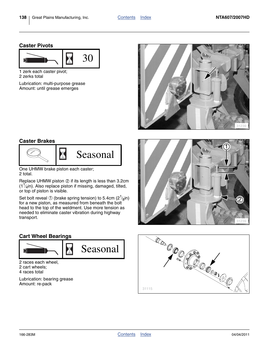 Caster pivots, Caster brakes, Cart wheel bearings | Seasonal | Great Plains NTA2007HD Operator Manual User Manual | Page 142 / 178