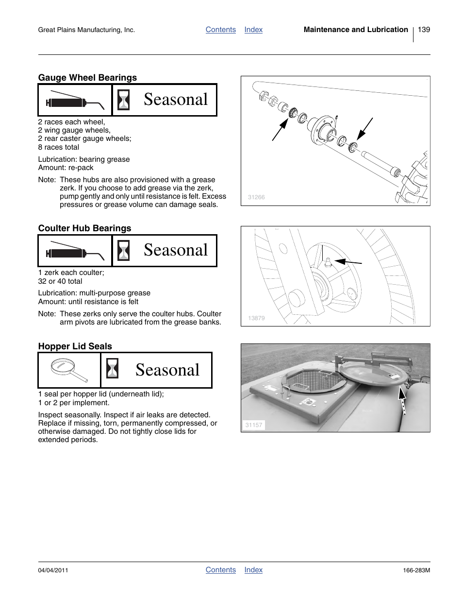Gauge wheel bearings, Coulter hub bearings, Hopper lid seals | Seasonal | Great Plains NTA2007HD Operator Manual User Manual | Page 143 / 178