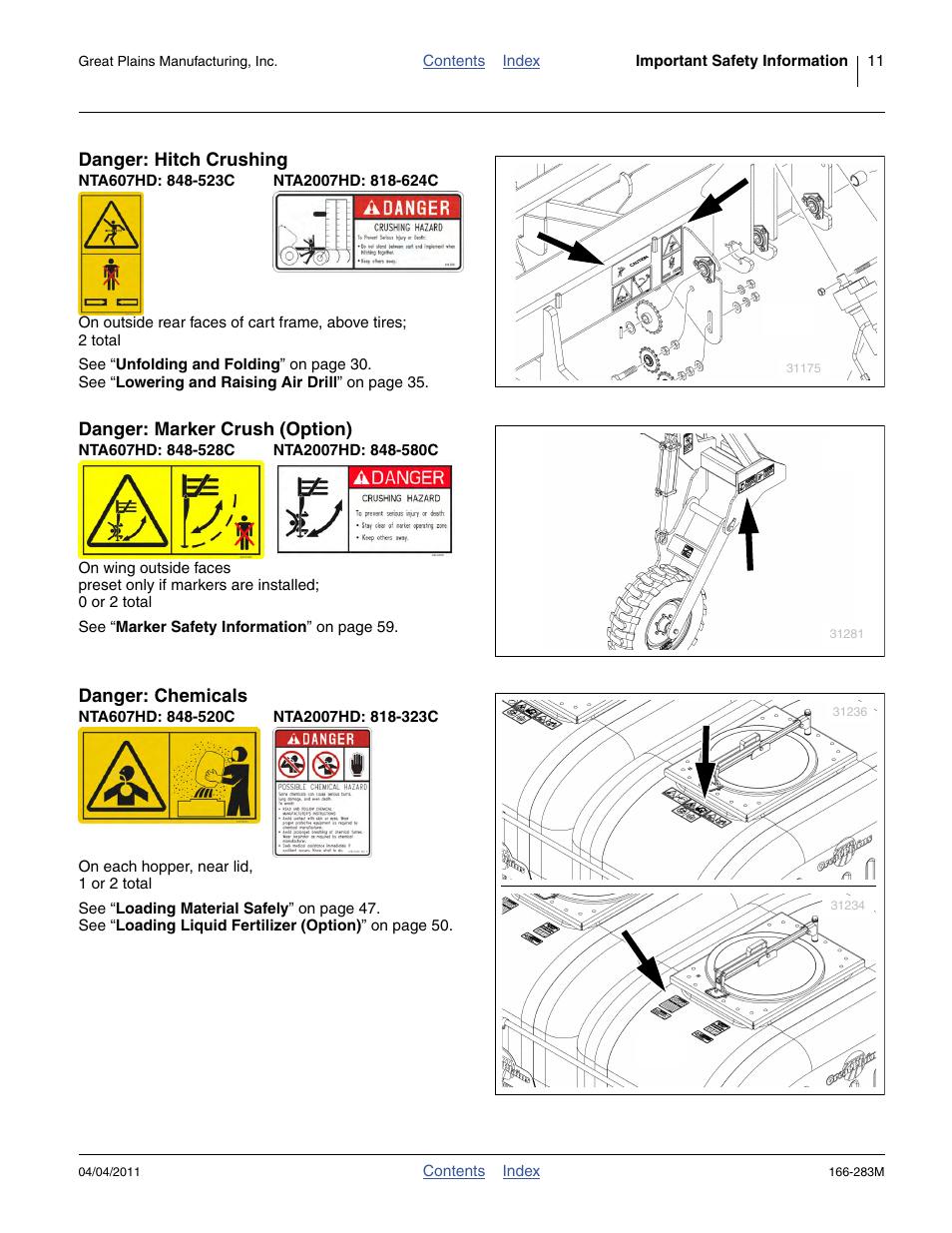 Danger: hitch crushing, Nta607hd: 848-523c, Nta2007hd: 818-624c | Danger: marker crush (option), Nta607hd: 848-528c, Nta2007hd: 848-580c, Danger: chemicals, Nta607hd: 848-520c, Nta2007hd: 818-323c | Great Plains NTA2007HD Operator Manual User Manual | Page 15 / 178