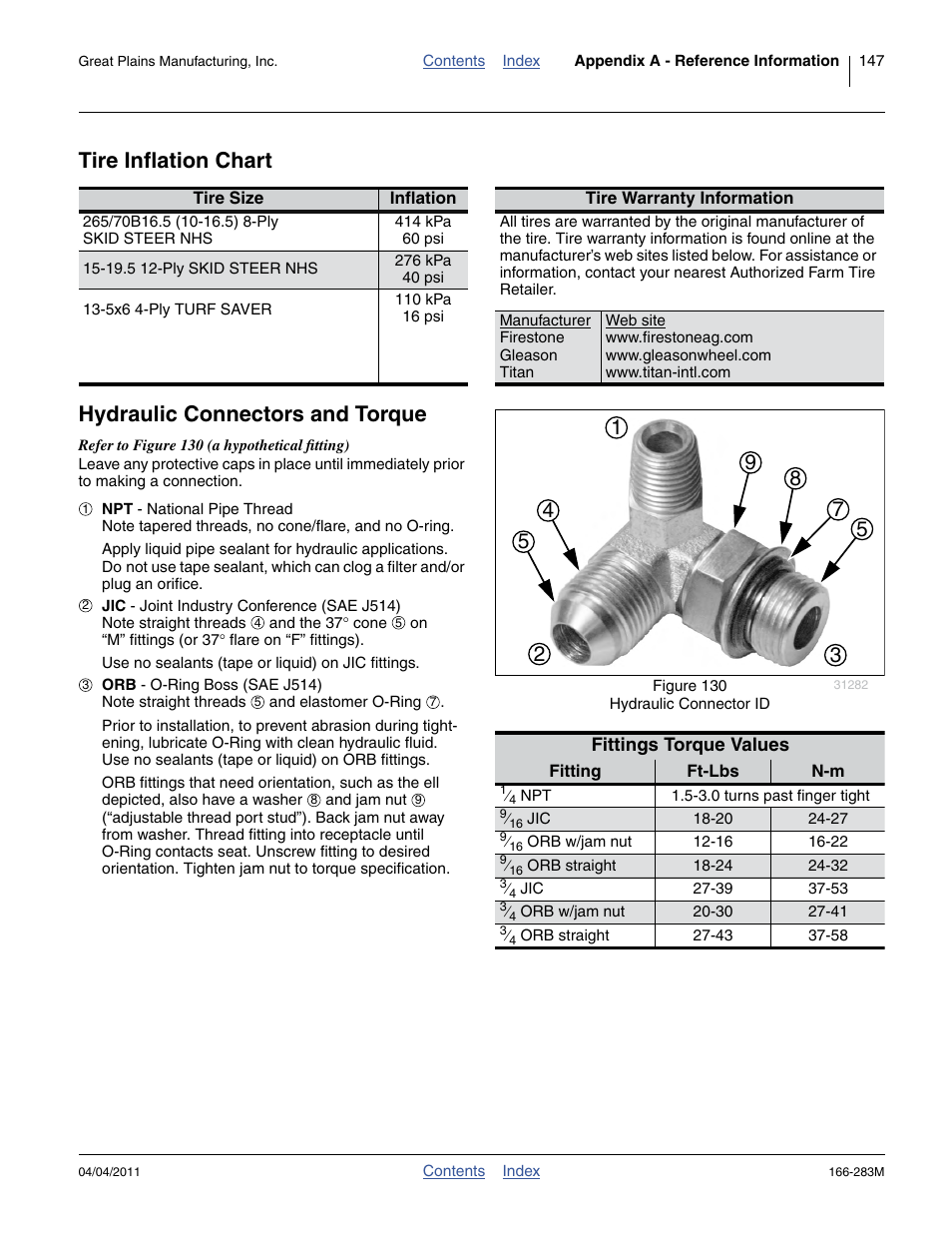Tire inflation chart, Hydraulic connectors and torque, Or proper inflation. see “ tire infla | Great Plains NTA2007HD Operator Manual User Manual | Page 151 / 178