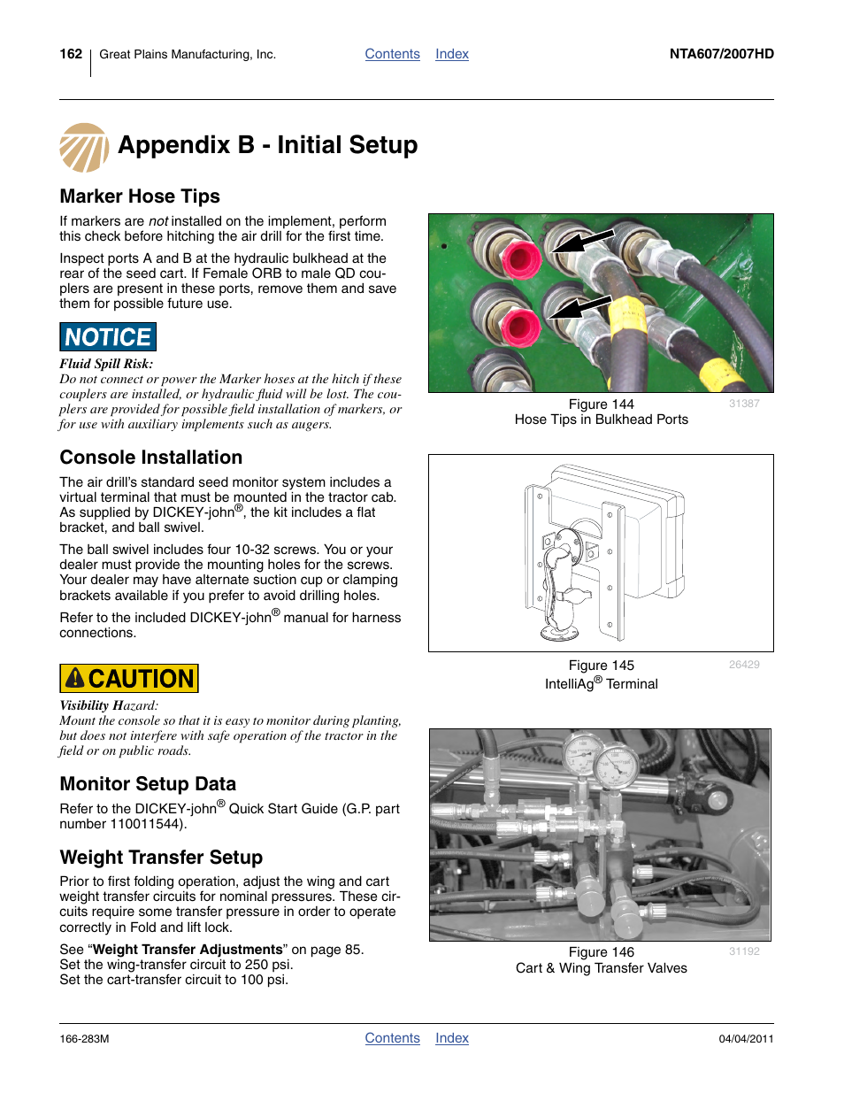 Appendix b - initial setup, Marker hose tips, Console installation | Monitor setup data, Weight transfer setup | Great Plains NTA2007HD Operator Manual User Manual | Page 166 / 178
