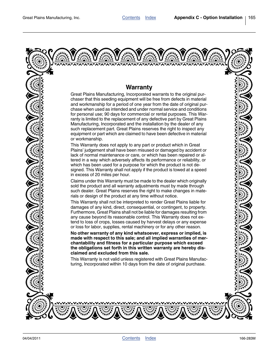 Warranty | Great Plains NTA2007HD Operator Manual User Manual | Page 169 / 178