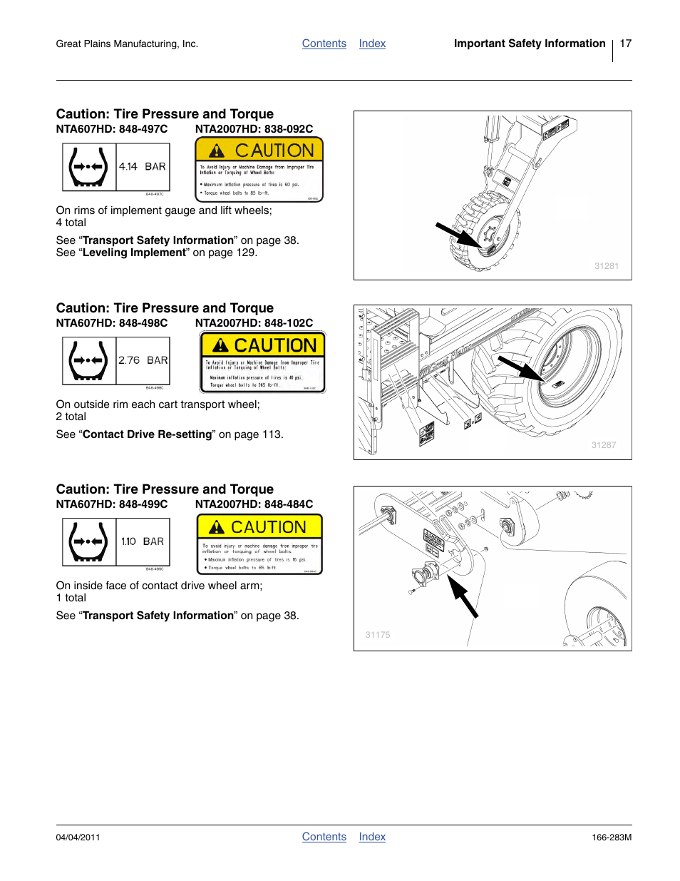Caution: tire pressure and torque, Nta607hd: 848-497c, Nta2007hd: 838-092c | Nta607hd: 848-498c, Nta2007hd: 848-102c, Nta607hd: 848-499c, Nta2007hd: 848-484c | Great Plains NTA2007HD Operator Manual User Manual | Page 21 / 178