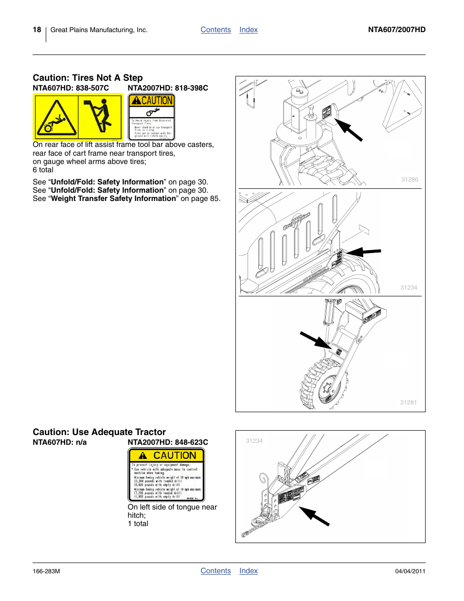Caution: tires not a step, Nta607hd: 838-507c, Nta2007hd: 818-398c | Caution: use adequate tractor, Nta607hd: n/a, Nta2007hd: 848-623c | Great Plains NTA2007HD Operator Manual User Manual | Page 22 / 178