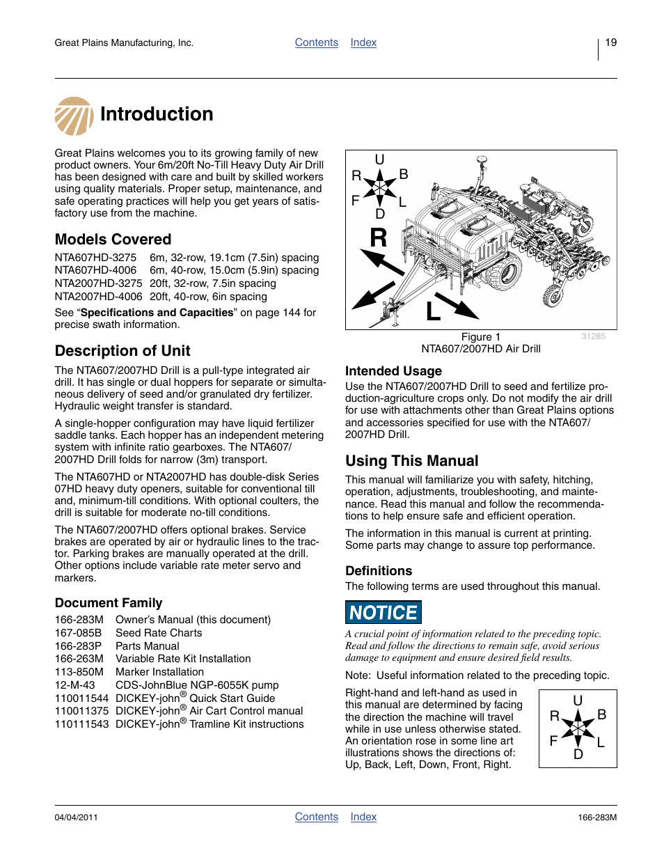 Introduction, Models covered, Description of unit | Document family, Intended usage, Using this manual, Definitions, Introduction models covered description of unit, Document family intended usage | Great Plains NTA2007HD Operator Manual User Manual | Page 23 / 178