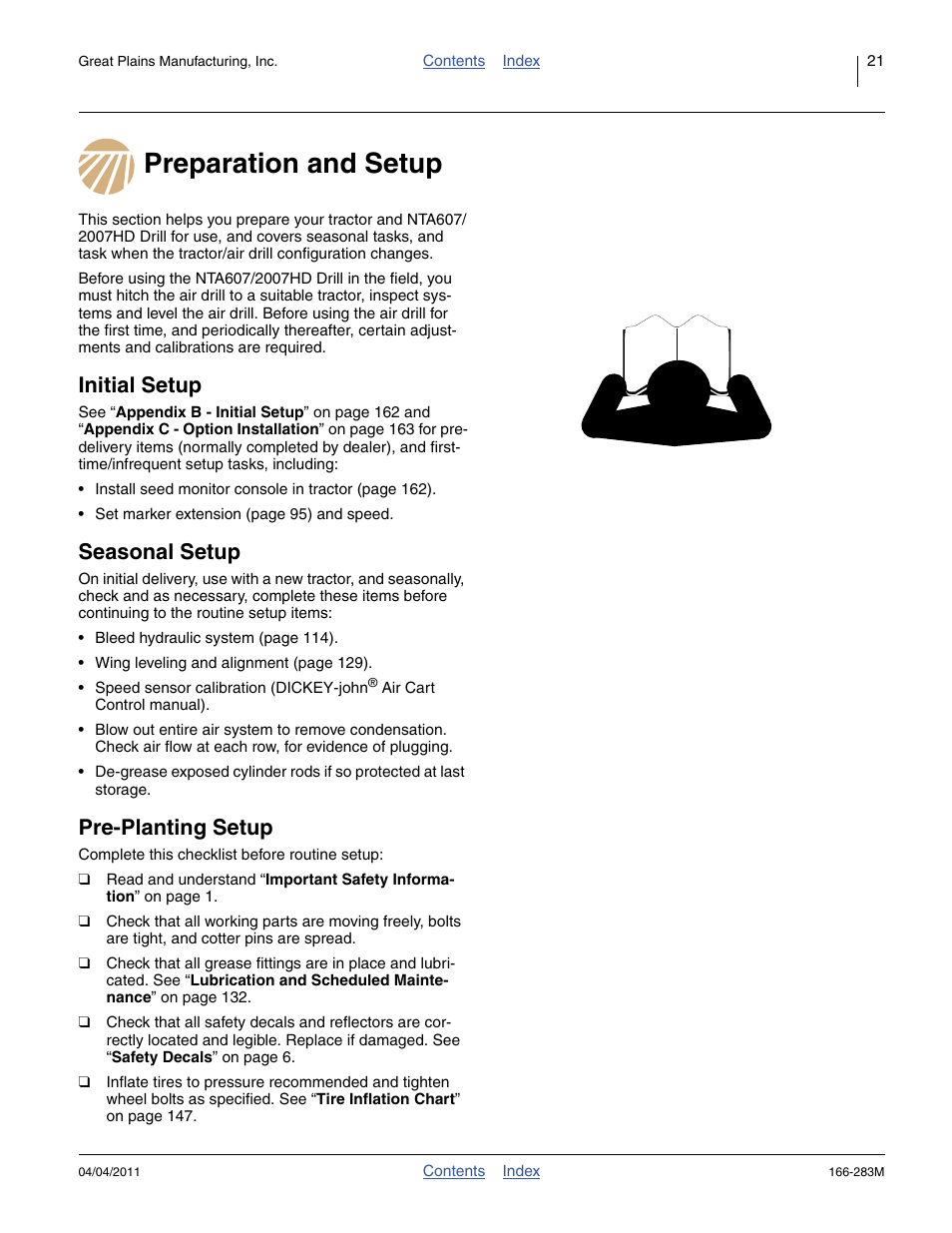 Preparation and setup, Initial setup, Seasonal setup | Pre-planting setup | Great Plains NTA2007HD Operator Manual User Manual | Page 25 / 178