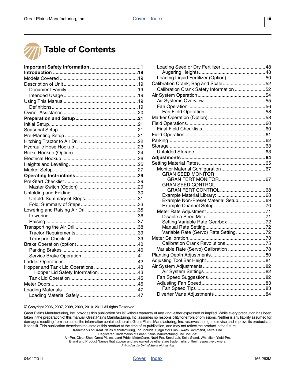 Great Plains NTA2007HD Operator Manual User Manual | Page 3 / 178