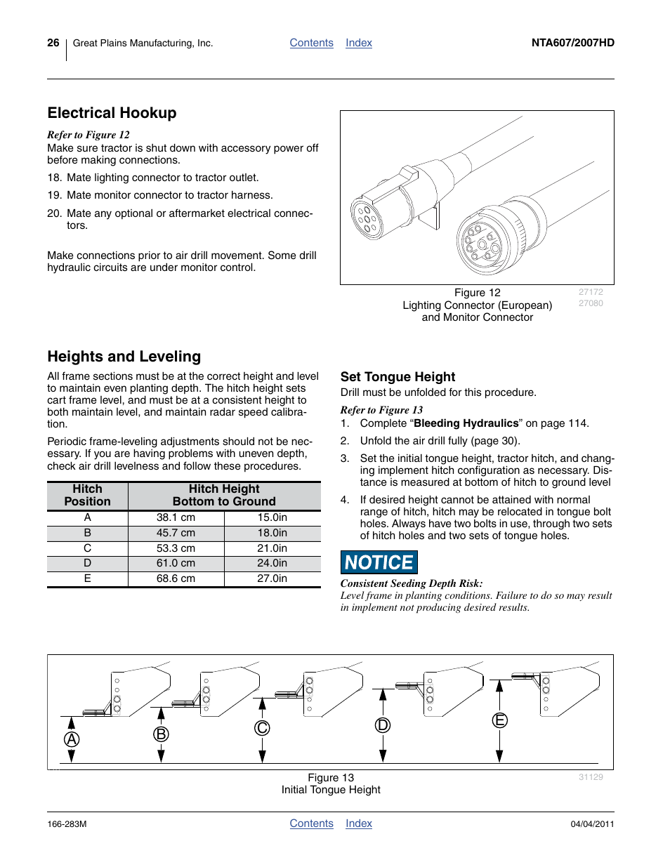 Electrical hookup, Heights and leveling, Electrical hookup heights and leveling | Ab c e d | Great Plains NTA2007HD Operator Manual User Manual | Page 30 / 178