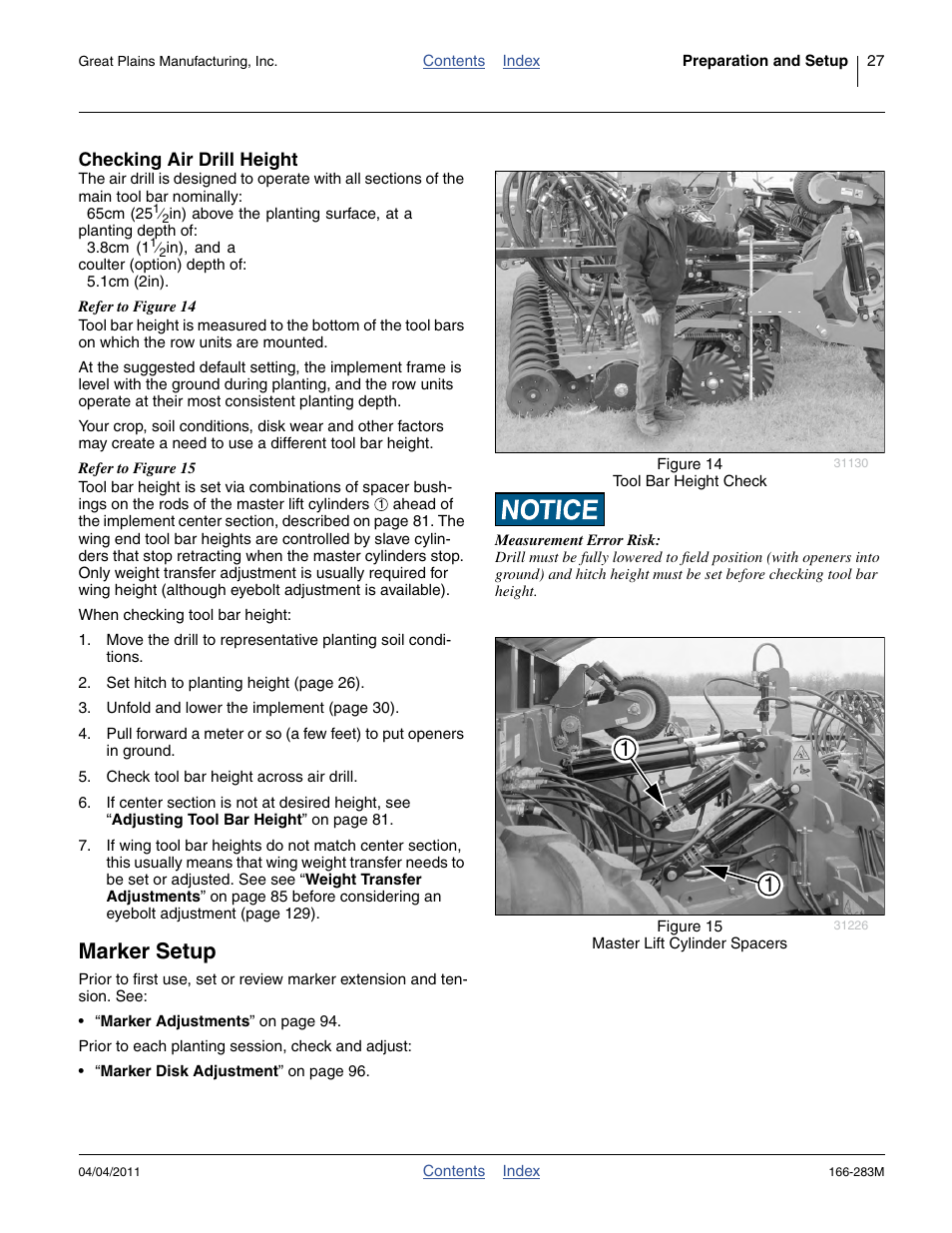 Checking air drill height, Marker setup | Great Plains NTA2007HD Operator Manual User Manual | Page 31 / 178