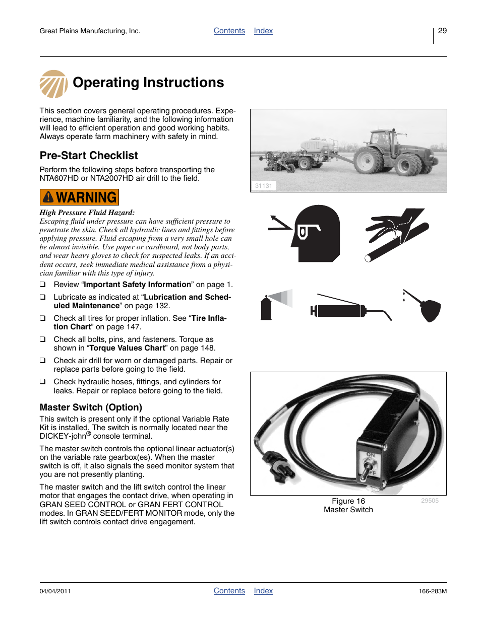 Operating instructions, Pre-start checklist, Master switch (option) | Operating instructions pre-start checklist | Great Plains NTA2007HD Operator Manual User Manual | Page 33 / 178