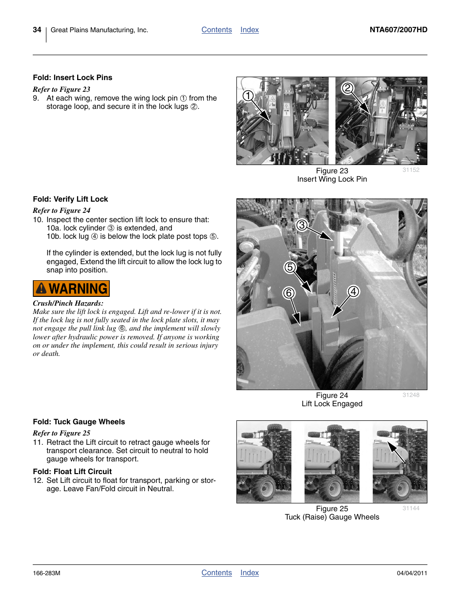 Fold: insert lock pins, Fold: verify lift lock, Fold: tuck gauge wheels | Fold: float lift circuit, Step 12 | Great Plains NTA2007HD Operator Manual User Manual | Page 38 / 178