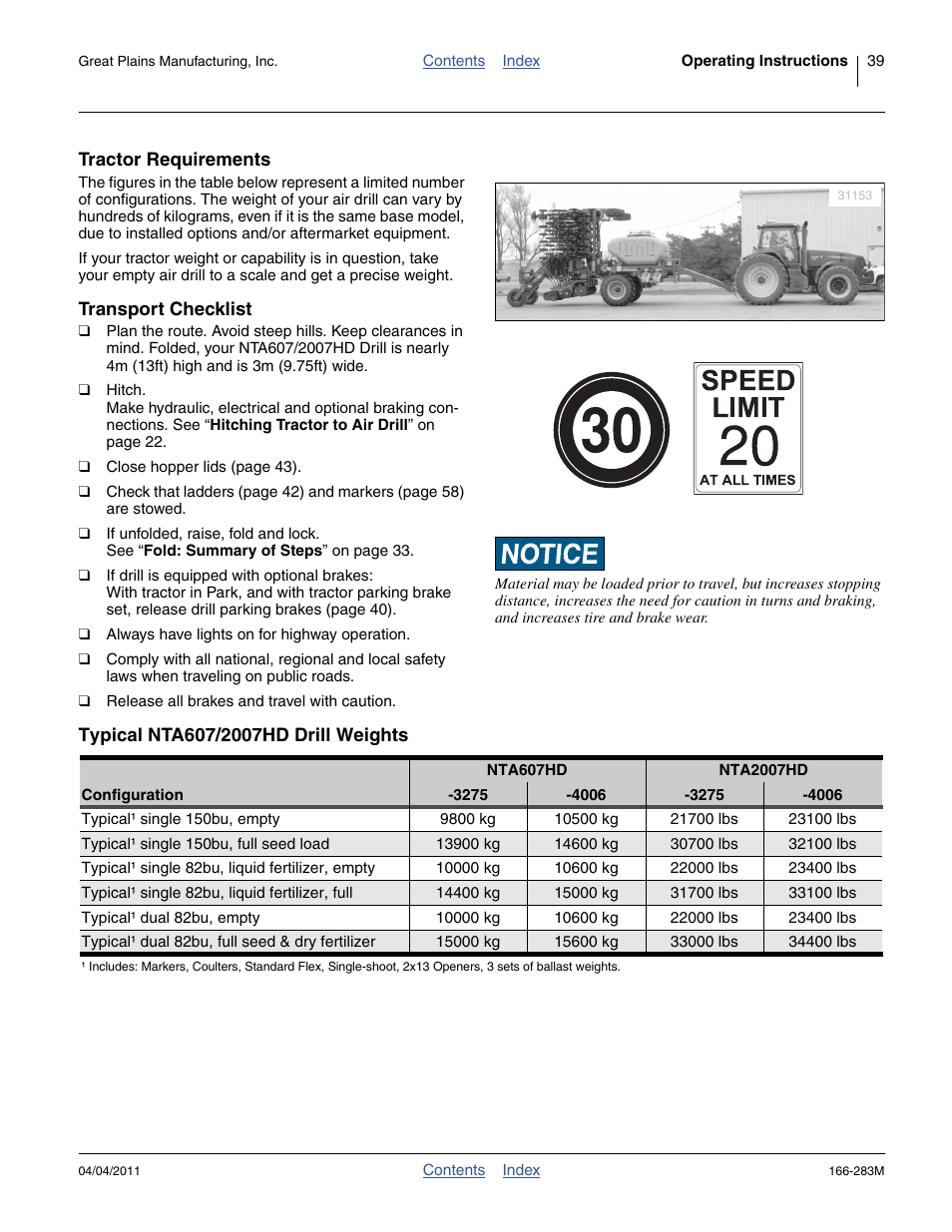 Tractor requirements, Transport checklist, Typical nta607/2007hd drill weights | Tractor requirements transport checklist | Great Plains NTA2007HD Operator Manual User Manual | Page 43 / 178