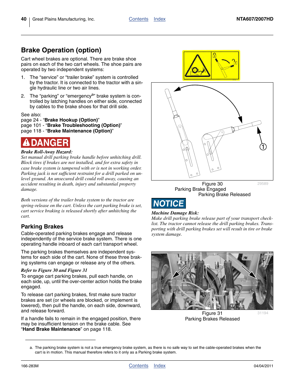 Brake operation (option), Parking brakes | Great Plains NTA2007HD Operator Manual User Manual | Page 44 / 178