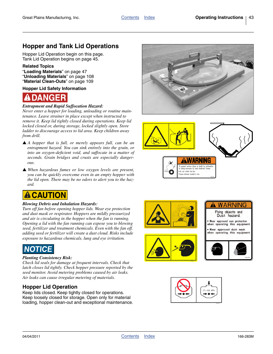 Hopper and tank lid operations, Related topics, Hopper lid safety information | Hopper lid operation | Great Plains NTA2007HD Operator Manual User Manual | Page 47 / 178