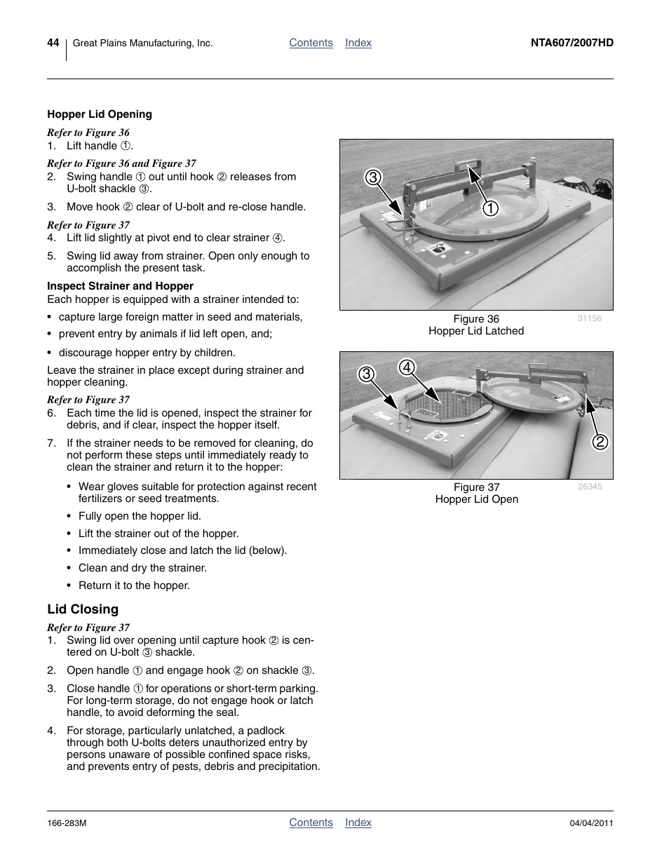 Hopper lid opening, Inspect strainer and hopper, Lid closing | Great Plains NTA2007HD Operator Manual User Manual | Page 48 / 178