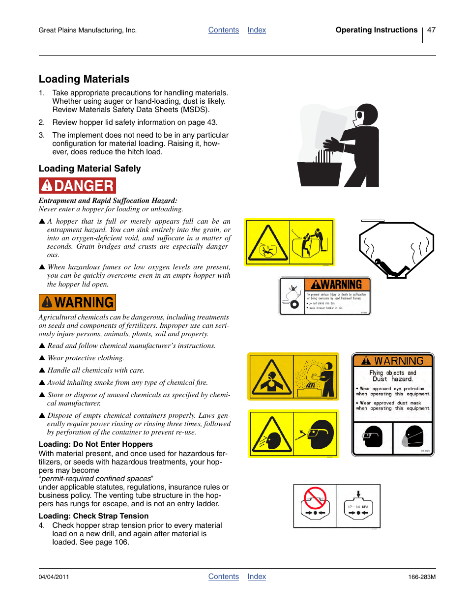 Loading materials, Loading material safely, Loading: do not enter hoppers | Loading: check strap tension | Great Plains NTA2007HD Operator Manual User Manual | Page 51 / 178