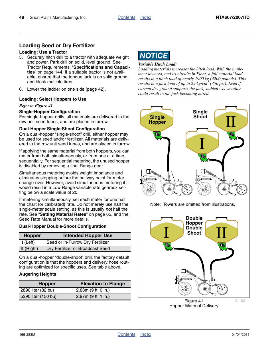 Loading seed or dry fertilizer, Loading: use a tractor, Loading: select hoppers to use | Single-hopper configuration, Dual-hopper single-shoot configuration, Dual-hopper double-shoot configuration, Augering heights, Iii ii i | Great Plains NTA2007HD Operator Manual User Manual | Page 52 / 178