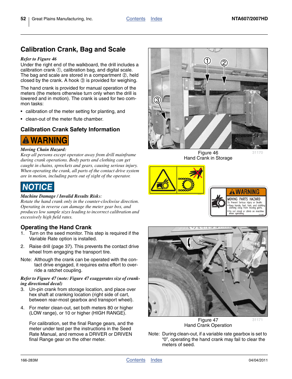 Calibration crank, bag and scale, Calibration crank safety information, Operating the hand crank | Great Plains NTA2007HD Operator Manual User Manual | Page 56 / 178