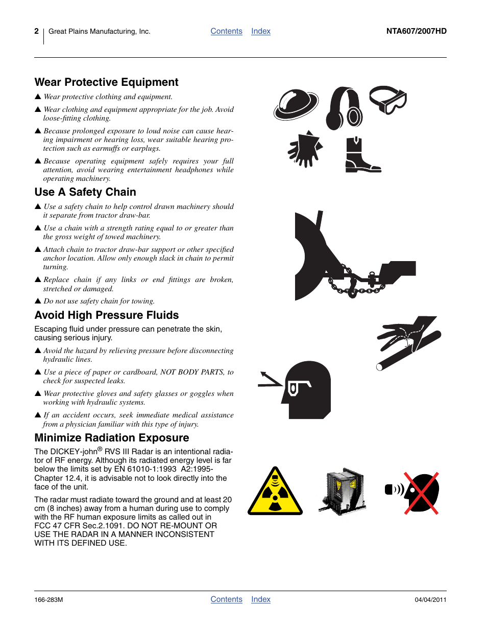 Wear protective equipment, Use a safety chain, Avoid high pressure fluids | Minimize radiation exposure | Great Plains NTA2007HD Operator Manual User Manual | Page 6 / 178