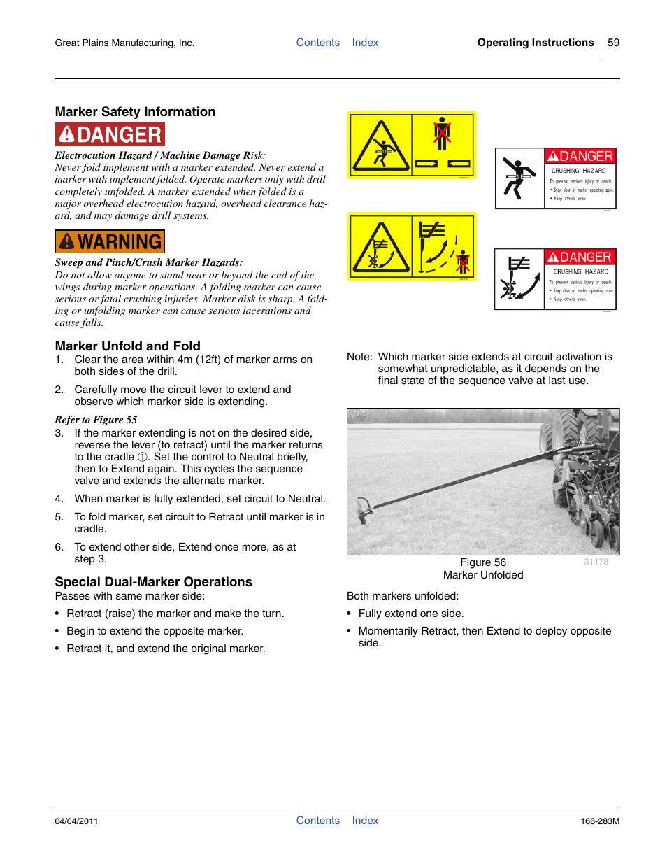 Marker safety information, Marker unfold and fold, Special dual-marker operations | Great Plains NTA2007HD Operator Manual User Manual | Page 63 / 178