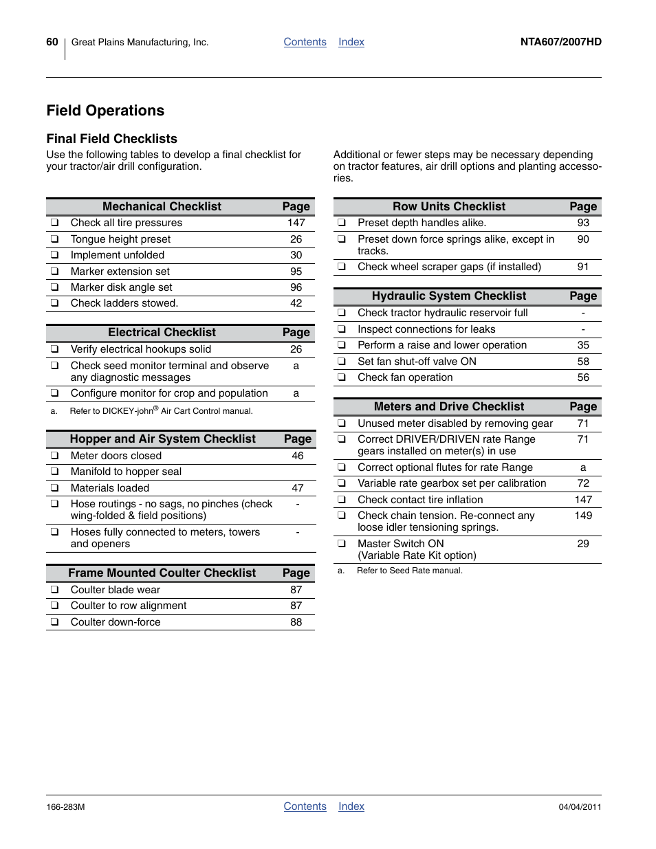 Field operations, Final field checklists | Great Plains NTA2007HD Operator Manual User Manual | Page 64 / 178