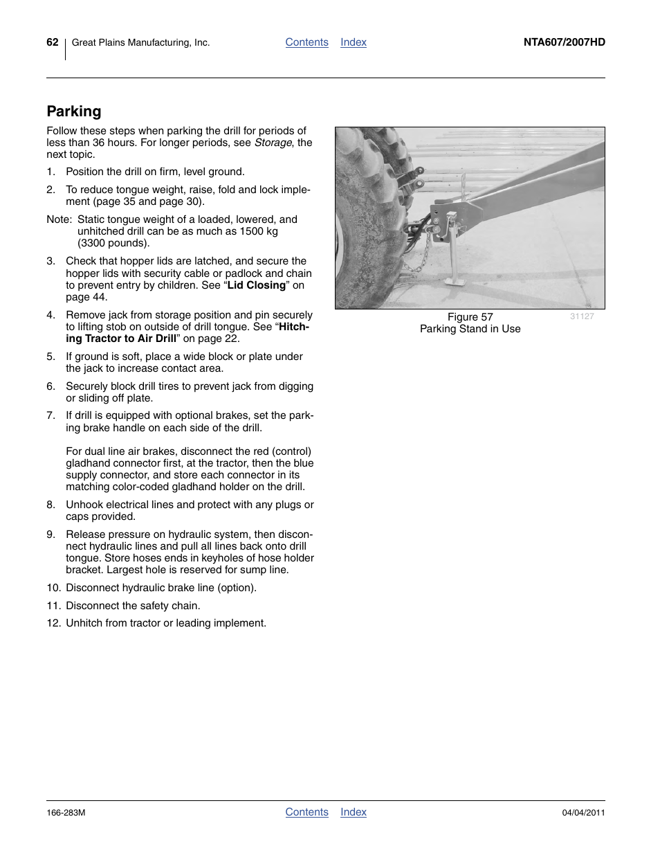 Parking | Great Plains NTA2007HD Operator Manual User Manual | Page 66 / 178