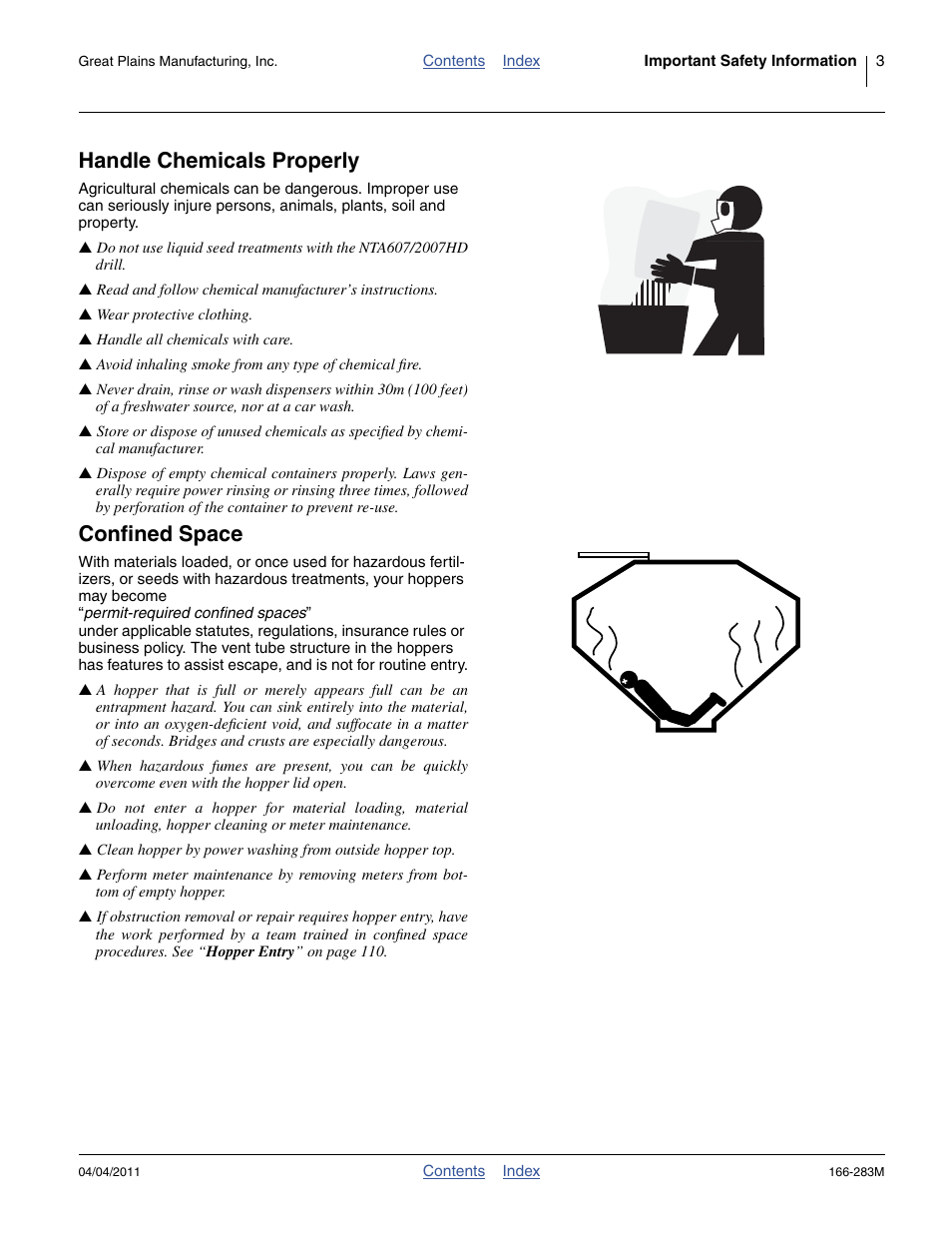 Handle chemicals properly, Confined space | Great Plains NTA2007HD Operator Manual User Manual | Page 7 / 178