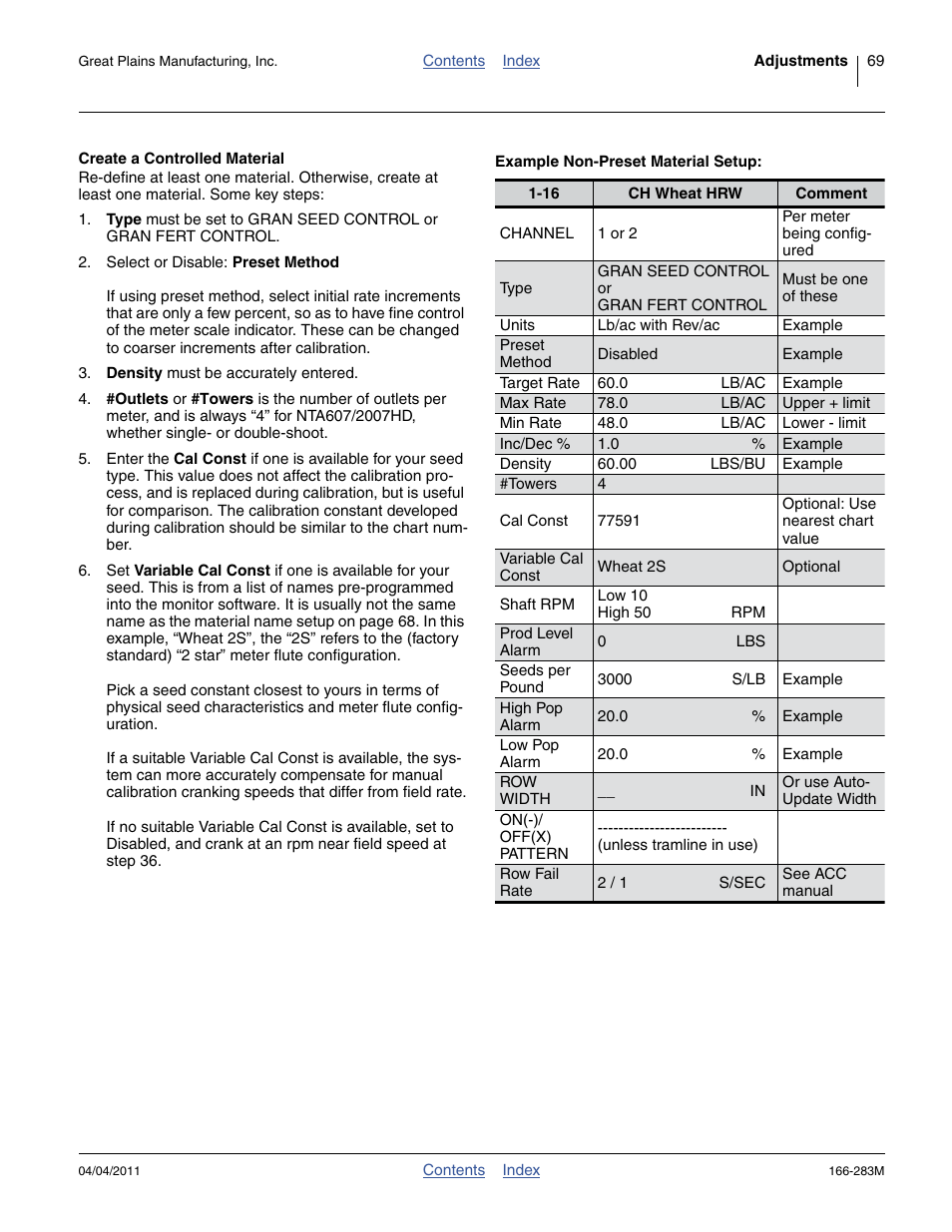 Create a controlled material, Example non-preset material setup | Great Plains NTA2007HD Operator Manual User Manual | Page 73 / 178