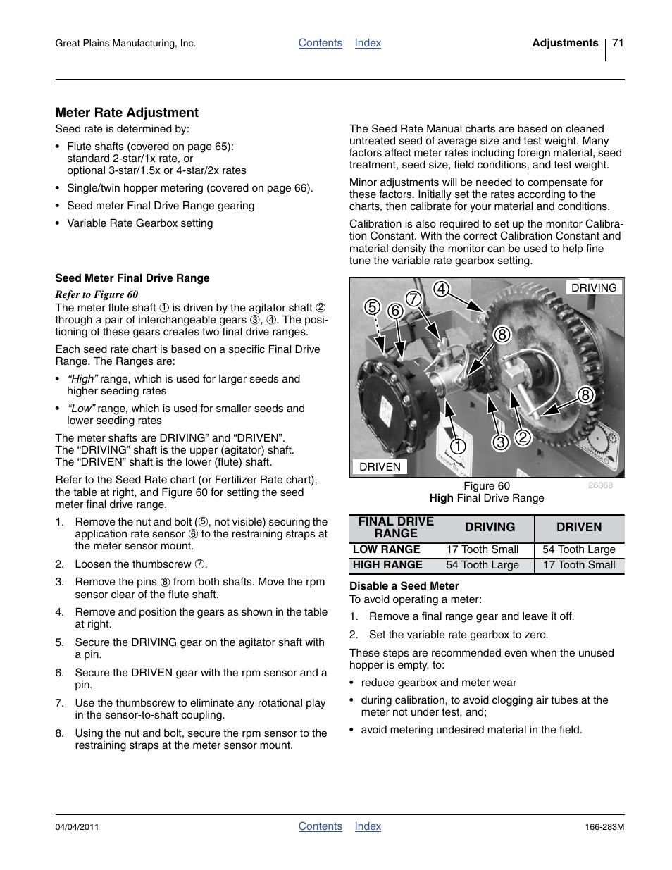 Meter rate adjustment, Seed meter final drive range, Disable a seed meter | Great Plains NTA2007HD Operator Manual User Manual | Page 75 / 178