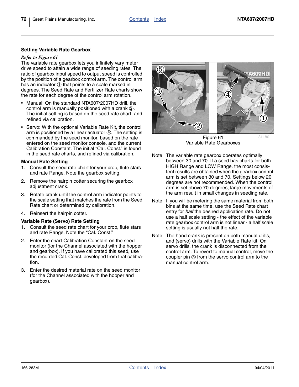 Setting variable rate gearbox, Manual rate setting, Variable rate (servo) rate setting | Great Plains NTA2007HD Operator Manual User Manual | Page 76 / 178