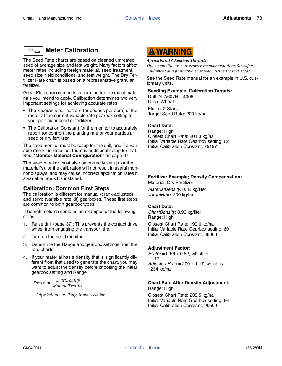 Meter calibration, Seeding example; calibration targets, Fertilizer example; density compensation | Calibration: common first steps | Great Plains NTA2007HD Operator Manual User Manual | Page 77 / 178