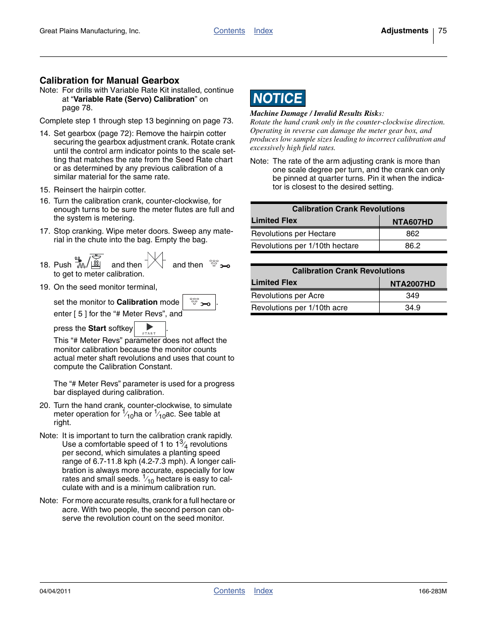 Calibration for manual gearbox, Calibration crank revolutions | Great Plains NTA2007HD Operator Manual User Manual | Page 79 / 178